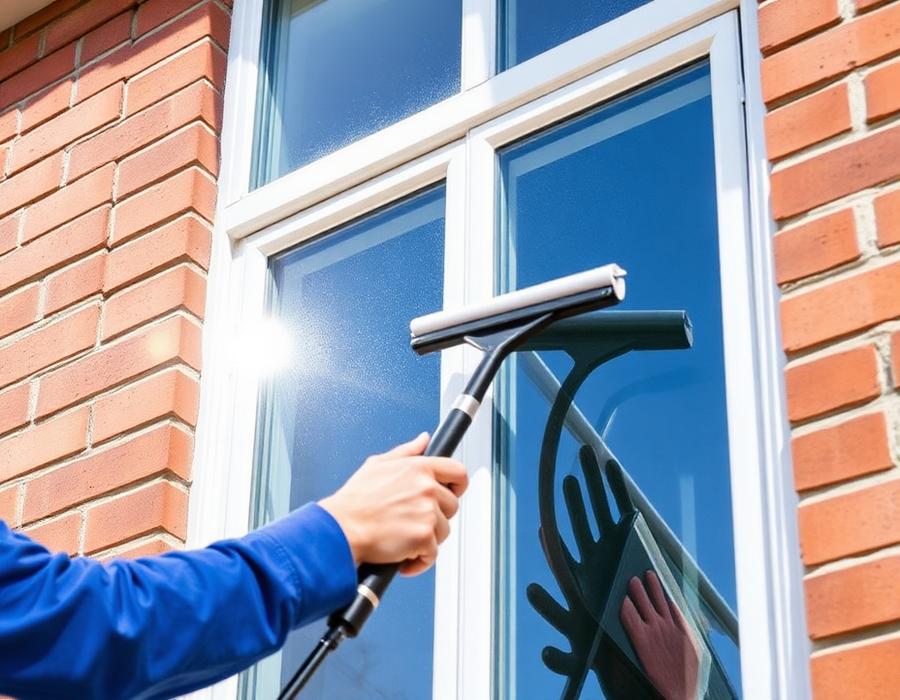 Cleaning exterior windows with squeegee